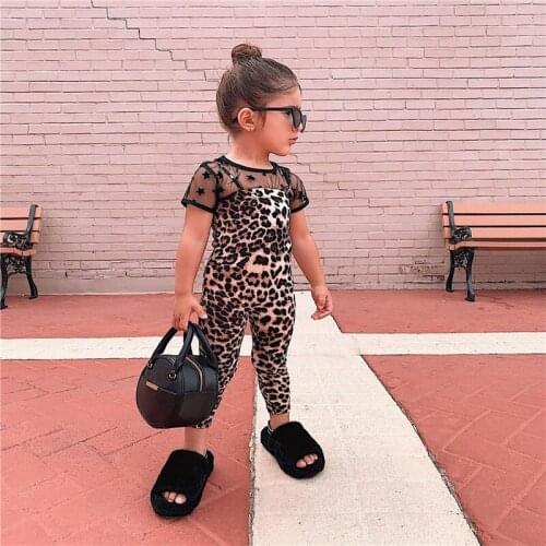 2Pcs Infant Summer Outfits, Baby Girls See-through Mesh Star Print Short Sleeve Round Neck T-shirt + Leopard Overalls, 1-6Years