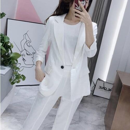 2020 Summer new Korean version of the casual slim loose cotton and linen one button small suit nine pants set two sets of women