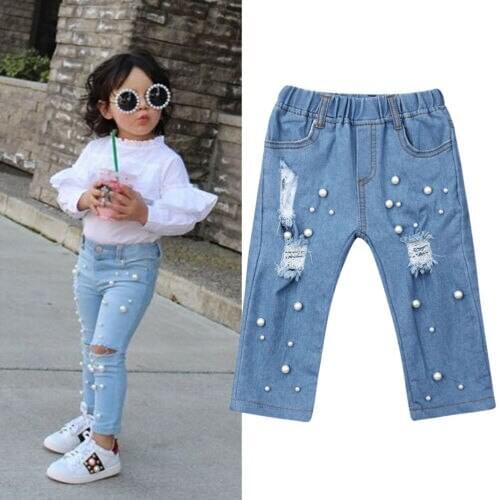 Fashion Kids Baby Girls Clothes Skinny Slim Summer Casual Pearl Shredded Hole Denim Pants Summer Elastic Trousers