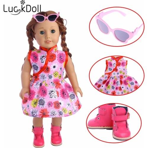 Fashion Doll Clothes Set Toy for 18inch Doll Accessories Dress Boots, glasses with retro style choice