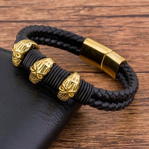 Fashion Charm Wholesale Accessories Leather bracelet Men Jewelry Skull stainless steel Manetic bangle Punk Rock gold wristband