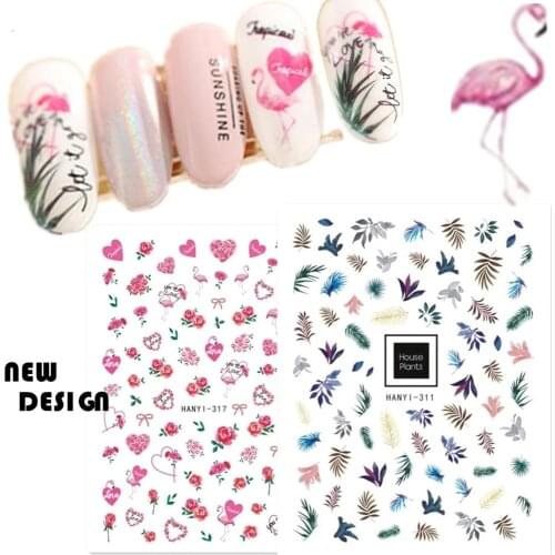 Newest HANYI-311 317 House Plants and flamingo 3d nail sticker decals Japan Korea style DIY nail decoration wraps