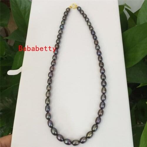New Natural Freshwater rice Black Pearl 6-7 MM Tibetan Silver Clasp 16.5 inches