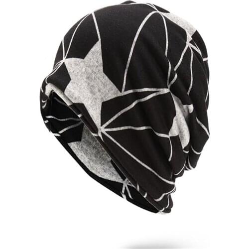 2021 Cotton Autumn winter Skullies cap beanie hat solid color geometric print turban Hat scarf dual use for Men and Women 52