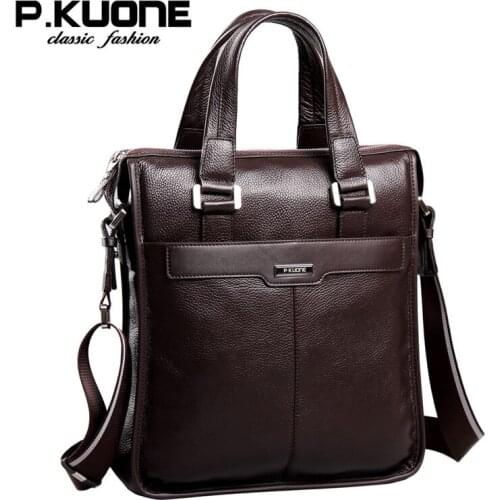 P.Kuone Male shoulder bag genuine leather man bag cowhide handbag casual messenger bags