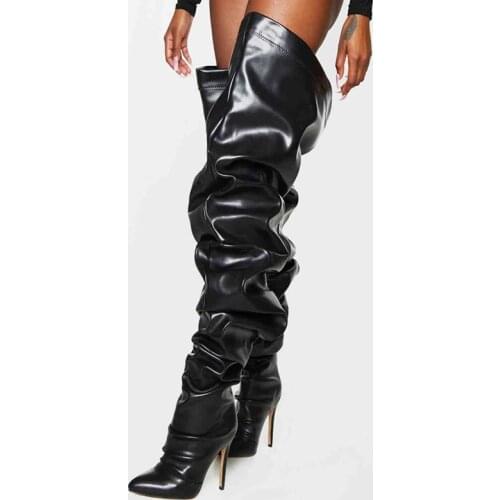 Sexy Street Wear Loose Pleated Solid Black Boots for Ladies Fashion Women Over Knee High Boots Long Thigh High Big Size 43