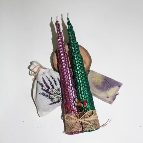 Frig Lavender Design Gift 2 Li Candlestick Type Candle Set 2 Color Sıklamen-Green