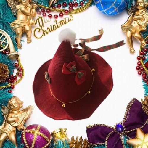 Christmas Sweet Lolita Girl Handmade Pointy Hat Knitted Hat Casual Sun Hat Red Fur Ball Bows Trim Elegant Girl Cosplay