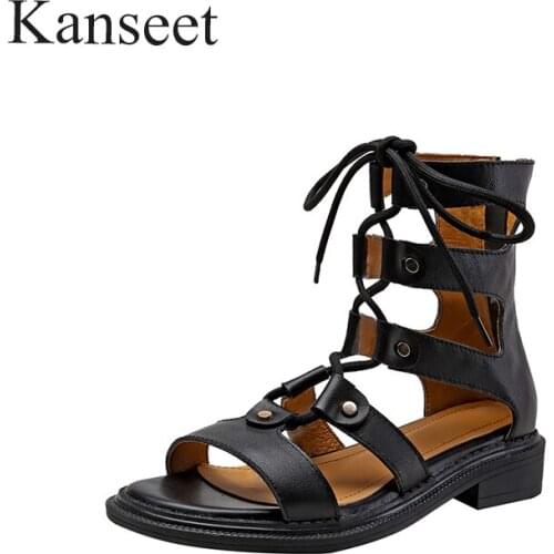 Kanseet Black Genuine Leather Roma Shoes Women Sandals Mid Heels Sandals Rivets Shoes Thick Heels Lady Footwear 2021 Summer
