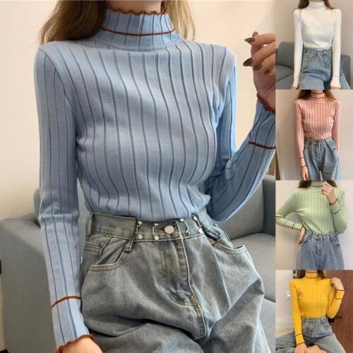 SANWOOD Candy Color Womens Sweaters Autumn Long Sleeve Thin Turtleneck Stretch Matte Knitted Pullover Casual Slim Sweater Tops