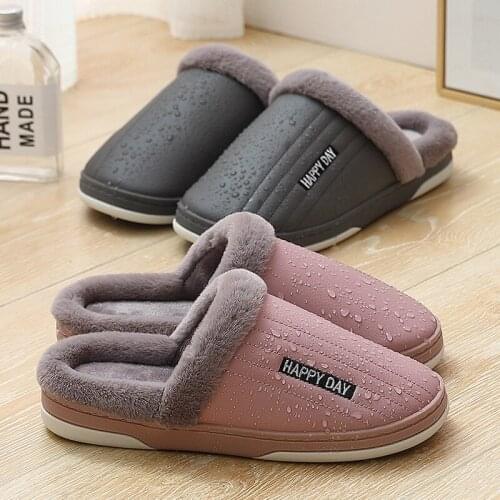 Unisex Home Slippers Non-slip waterproof indoor leather shoes warm fluffy winter slippers woman comfy slippers big size