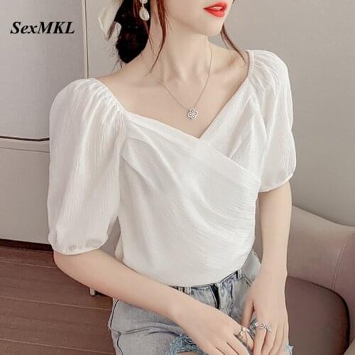 2021 Summer Chiffon Puff Sleeve Blouses Women Casual V Neck Korean Sexy White Shirts Elegant Fashion Loose Tops Blusas Mujer XXL