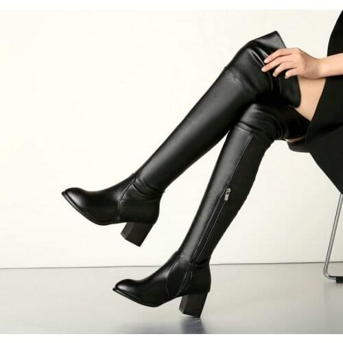 2020 Women Over the Knee Boots Fashion Pointed Toe Women Boots Square Heel Zipper Women Long Boots Big Size 34-43