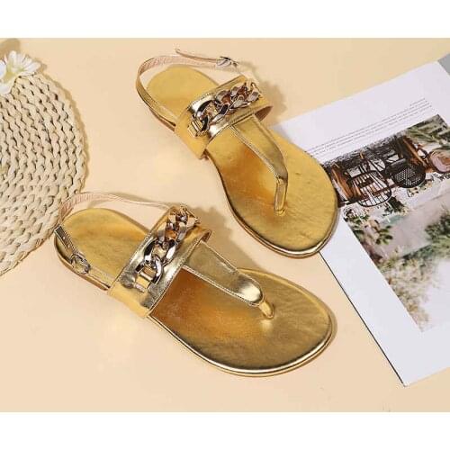 2021 Summer Ladies Flat Sandals Golden Chain Open Toe Beach Shoes Gladiator Cross Buckle Ladies Sandals Zapatos Mujer