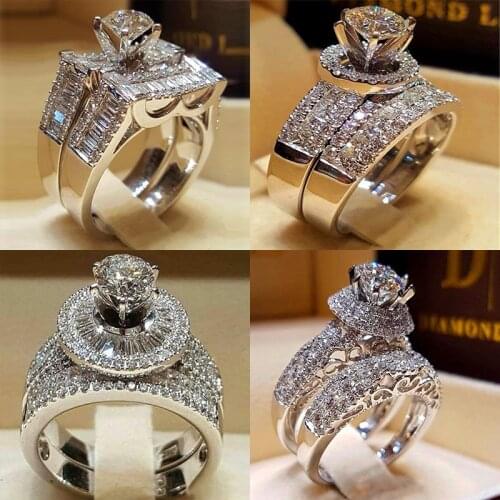 Fashion Female Crystal Zircon Stone Ring Set Cute Silver Color Big Wedding Ring Luxury Love Engagement Rings For Women