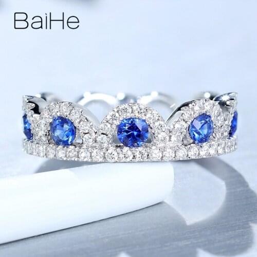 BAIHE Solid 14K White Gold 0.60ct Natural Sapphirs 0.40ct Natural Diamonds Women Fine Jewelry Wedding Ring Crown Sapphirs Ring