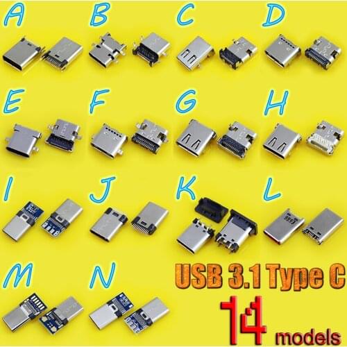 14model 42pcs DIY 24pin USB 3.1 Type C USB-C Male Plug Connector SMT type with PC Board Type C Female Test Plug Socket Connector