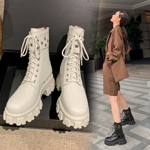 2021 Autumn/Winter Shoes Women Genuine Leather Round Toe Platform Shoes Solid Women Boots Motorcycle Boots Flat Shoes for Girls