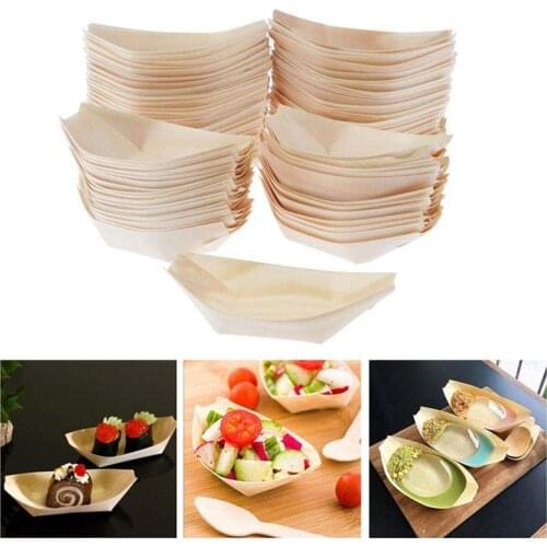 50 pcs Dessert Bowl Pine Wood Boat Disposable Wooden Sushi Boat Sushi Tray Wooden Serving Boats Dishes Candy Dessert Plate