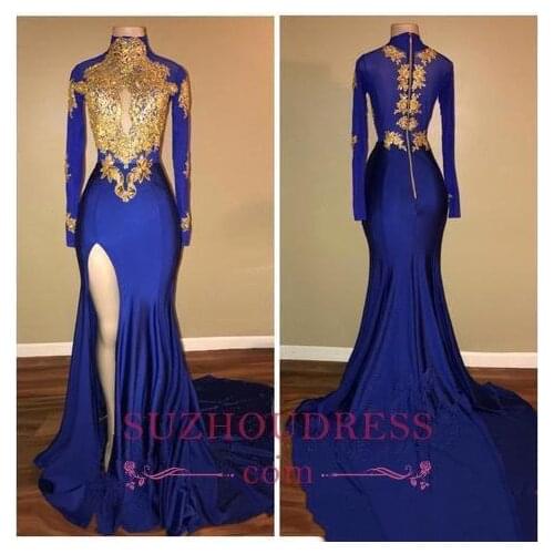 African Arabic Gold Appliques Sexy Prom Dresses Mermaid Vintage Long Sleeves High Thigh Split Floor Length Black Girls Dresses