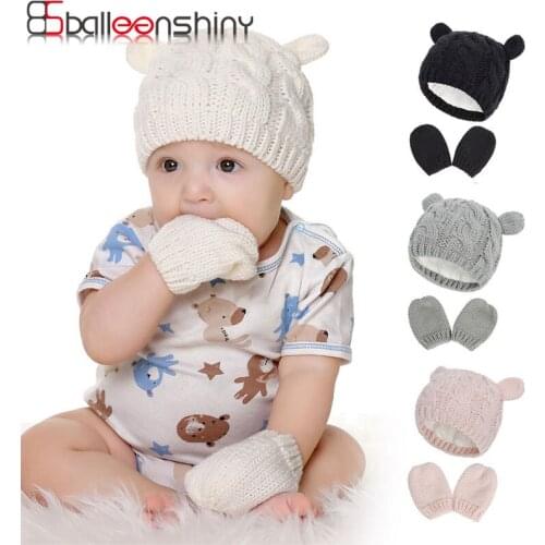 Balleenshiny Baby Kids Girls Boys Winter Warm Knit Hat Ear Solid Warm Cute Newborn Baby Glove Hat Set Lovely Beanie Cap 0-18M