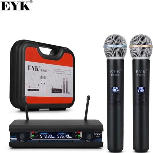 EYK E3002 UHF Fixed Frequency Karaoke Wireless Microphone Professional Cordless All Metal Handheld Mic System with Carrying Case