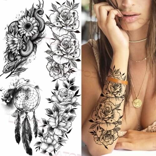 Big Black Rose Temporary Tattoos For Women Adult Snake Peony Feather Realistic Fake Tattoo Custom Armband Sexy Waterproof Tatoos