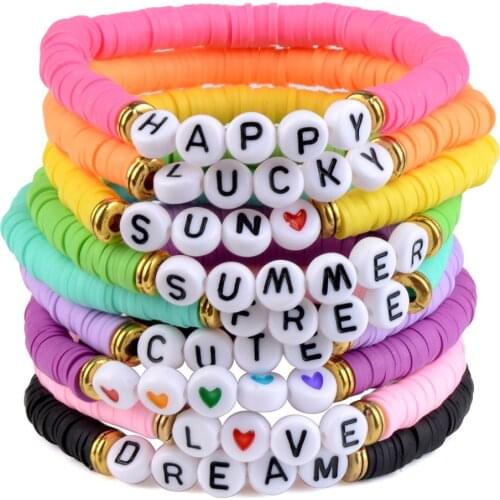 Multicolor Letter Polymer Clay Bracelet Flat Round Handmade Sweet And Lovely Girls Charm Bracelet For Women Jewelry