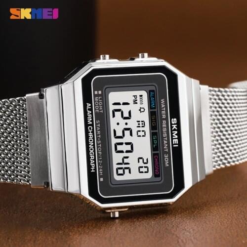 SKMEI Mens Watches Sport Slim Dial LED Digital Men Wristwatches Stainless Steel Band Waterproof Men Watch Reloj hombre 2020