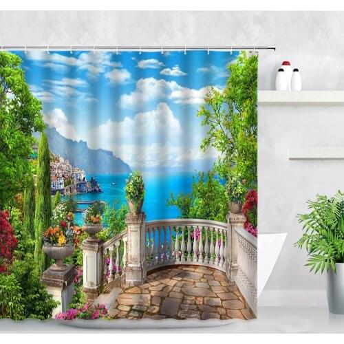 Rural Oil Painting Scenery Shower Curtain Flowers Green Plants Mediterranean Garden Wall Backdrop Cloth Waterproof Bath Curtains