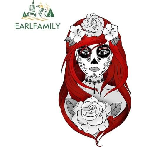 EARLFAMILY 13cm x 7.3cm for Santa Muerte Red Hair Vinyl Car Stickers Cartoon Decal Creative Auto Windshield Sunscreen Decoration