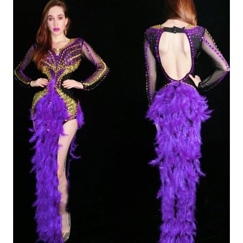 Purple Gold Rhinestone Feather Backless Long Dress Transparent Sleeve Women Evening Dresses Birthday Celebrate Prom Dress XS2225