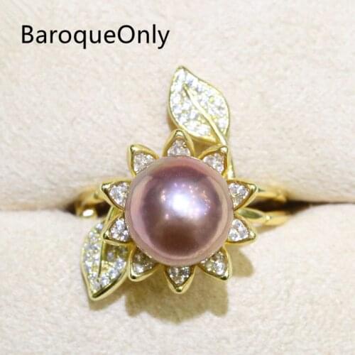 BaroqueOnly 9-10mm Edison Pearl Ring Zircon Inlaid 925 Rings Fashion Jewelry Half-baroque Natural Color Freshwater Pearl RJ