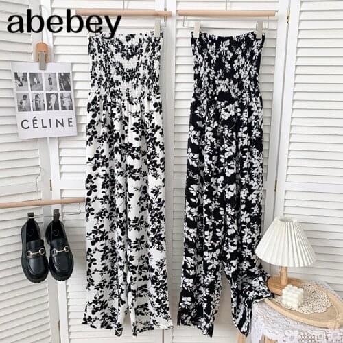 Temperament slash neck sleeveless off shoulder Jumpsuit high waist pleated print loose casual wide leg Jumpsuit 2021 New Summer