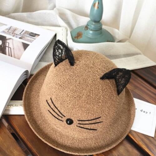 New Arrivals Adult Hat Summer Cute Cartoon Cat Print Straw Hats Summer Beach Toddler Fisherman Hat Beach Sun Protection 2021