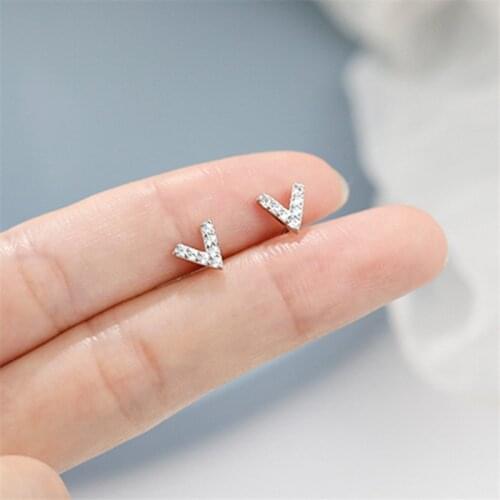 OBEAR Fashion Tiny Initial Letter V Earrings Shiny Paved Zircon Stud Earrings Everyday Jewelry