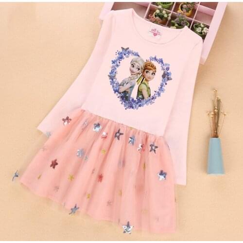 Fall Kids Dresses for Girls Frozen Elsa Anna Mesh Long Sleeve Dresses Birthday Little Children Outfits Vestidos Sequins Costume