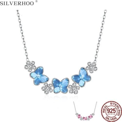 SILVERHOO Sterling Silver 925 Chain Necklaces For Women Cute Crystal Butterfly Pendant Necklaces Birthday Female Gifts Best 2020