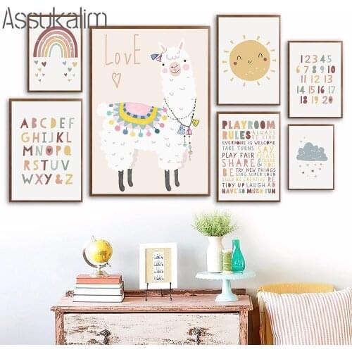 Nursery Posters And Prints Alpaca Canvas Painting Sun Rainbow Poster ABC Alphabet Print Nordic Picture Kids Room Decoration