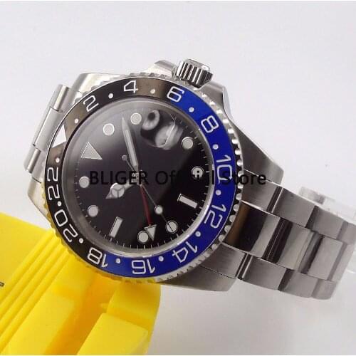 Sapphire Glass 40mm BLIGER Nologo Mens Watch Ceramic Bezel Luminous Marks GMT Function Automatic Movement Wristwatch