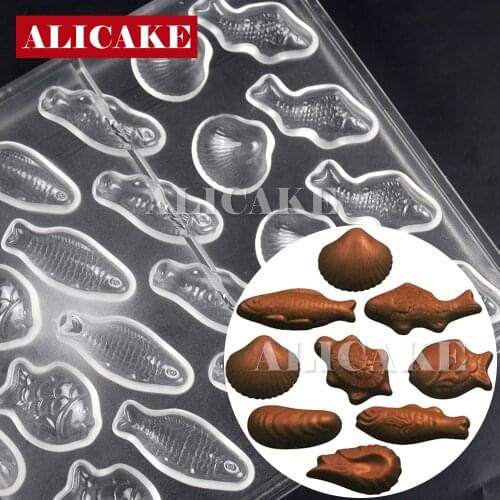 32 Cavity Chocolate Molds Small Fish Shrimp Shell Polycarbonate Chocolate Mold for Cake Baking Pastry Confectionery Tools