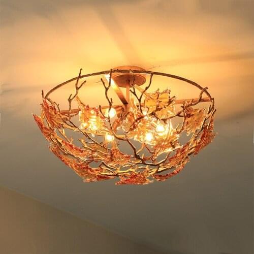 Handmade brown maple leaf glass lamp round living room bedroom light luxury copper branch ceiling lamp