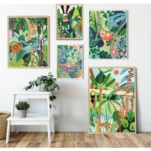 Tiger Monkey Leopard Jungle Botanical Wall Art Canvas Painting Nordic Posters and Prints Wall Pictures for Living Home Decor