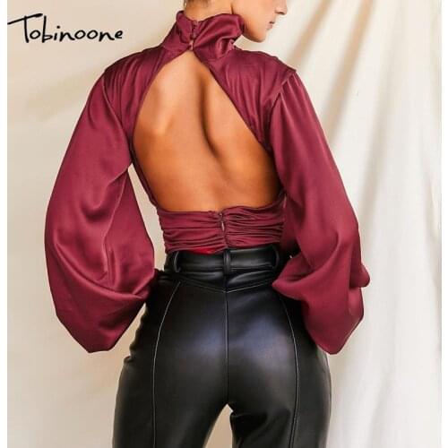 Tobinoone Satin Backless Hollow Out Skinny Women Bodysuit Turtle Neck Long Lantern Sleeve Romper Ladies Autumn Bodys Streetwear