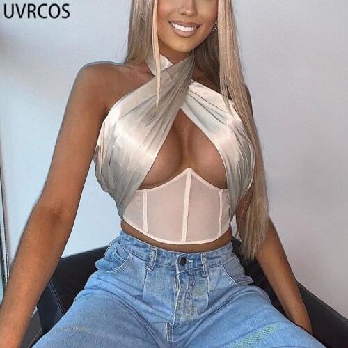 UVRCOS Womens T-Shirt Halter Solid Color Elegant Party Night Summer Tops 2021 Popular Fashion Sleeveless Girdle Sexy Crop Top