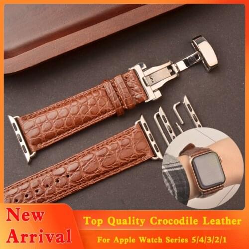 Top Quality Genuine Crocodile Leather Band for Apple Watch 5 4 3 44mm 40mm iWatch Alligator Strap with Butterfly Buckle Bracelet
