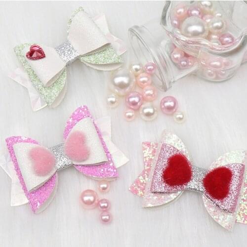 Valentines Day 3 Inch Hair Barrettes for Girls Heart Glitter Hair Clips Handmade Stacked Bowknot Hairgrips Hair Accessories