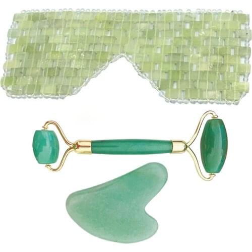 Green Aventurine Jade Eye Mask Face Massager Jade Roller Guasha Set Eye Massager Therapy Jade Stone Facial Massager Scraper