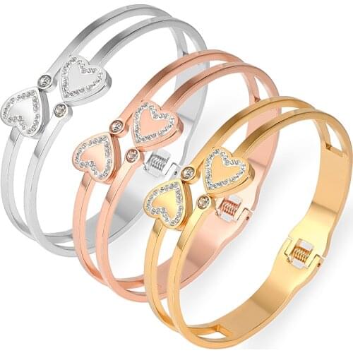 2021 New Double Single Lover Heart Bracelet For Women Stainless Steel Bangle Rose Gold Color Fashion Charm Bijoux Bangle Jewelry