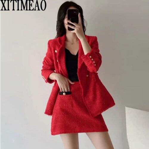 Za Women Spring Autumn Fashion Double Breasted Tweed Check Blazers Coat Vintage Long Sleeve Outerwear And High Waist Mini Skirt